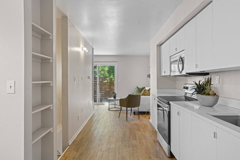a kitchen and living room